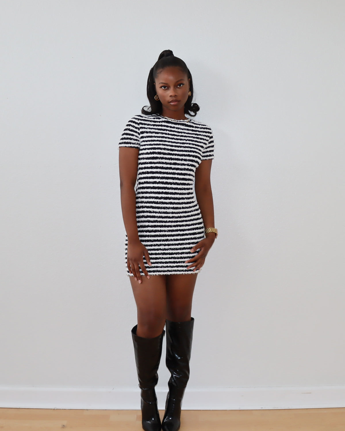 August Black and White Stripped Sweater Dress She's A Doll August Black and White Stripped Sweater Dress She's A Doll