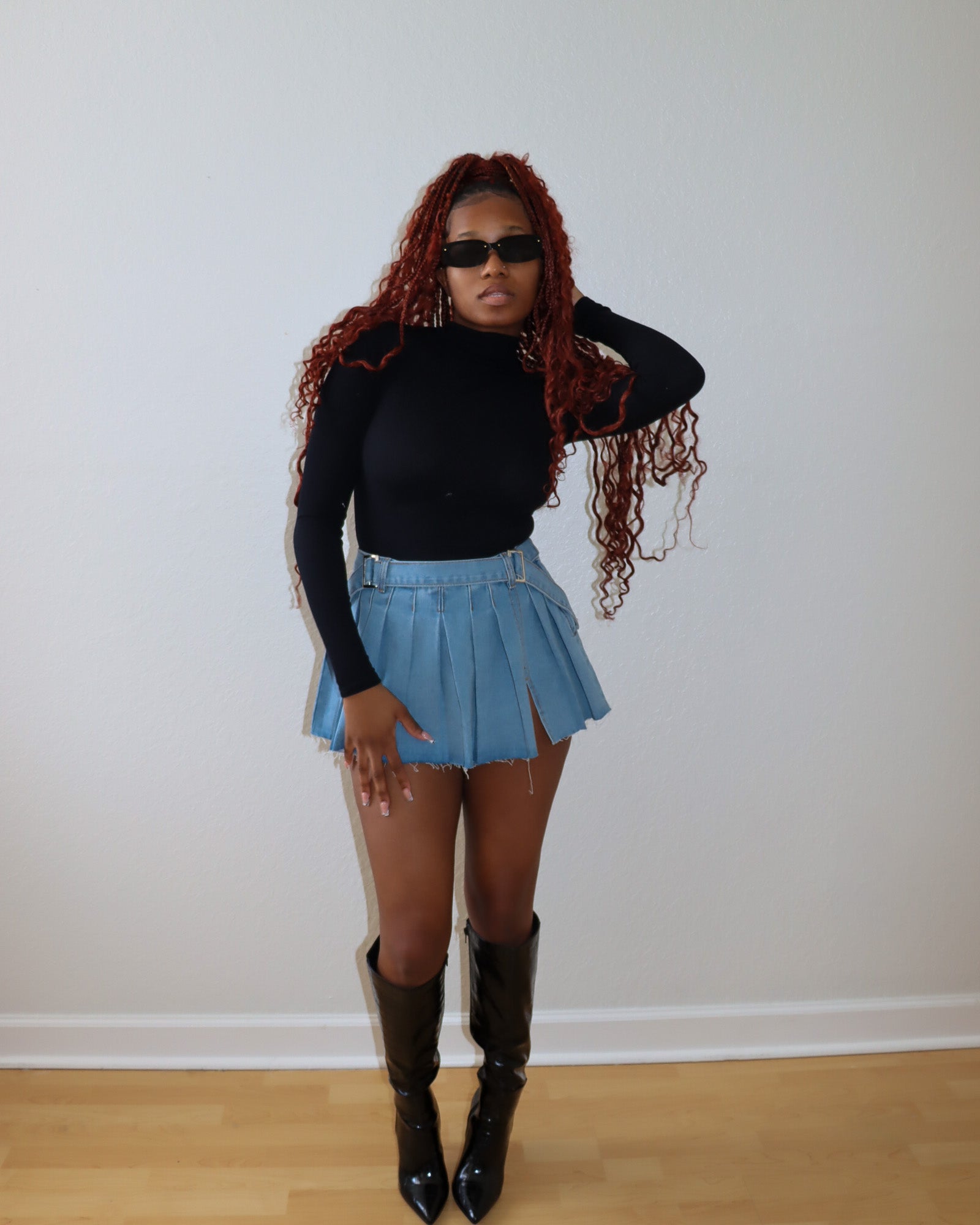 Ella Denim Pleated Mini Skirt – She's A Doll - Main Image