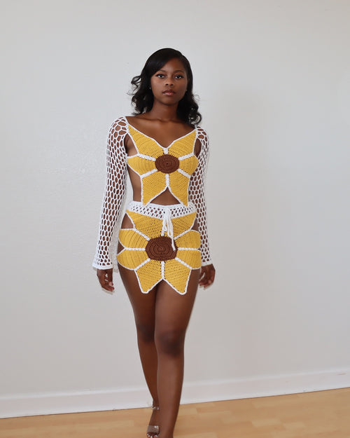 Sunflower Dreams – Women's Yellow Crochet Two-Piece Skirt Set – She's A Doll